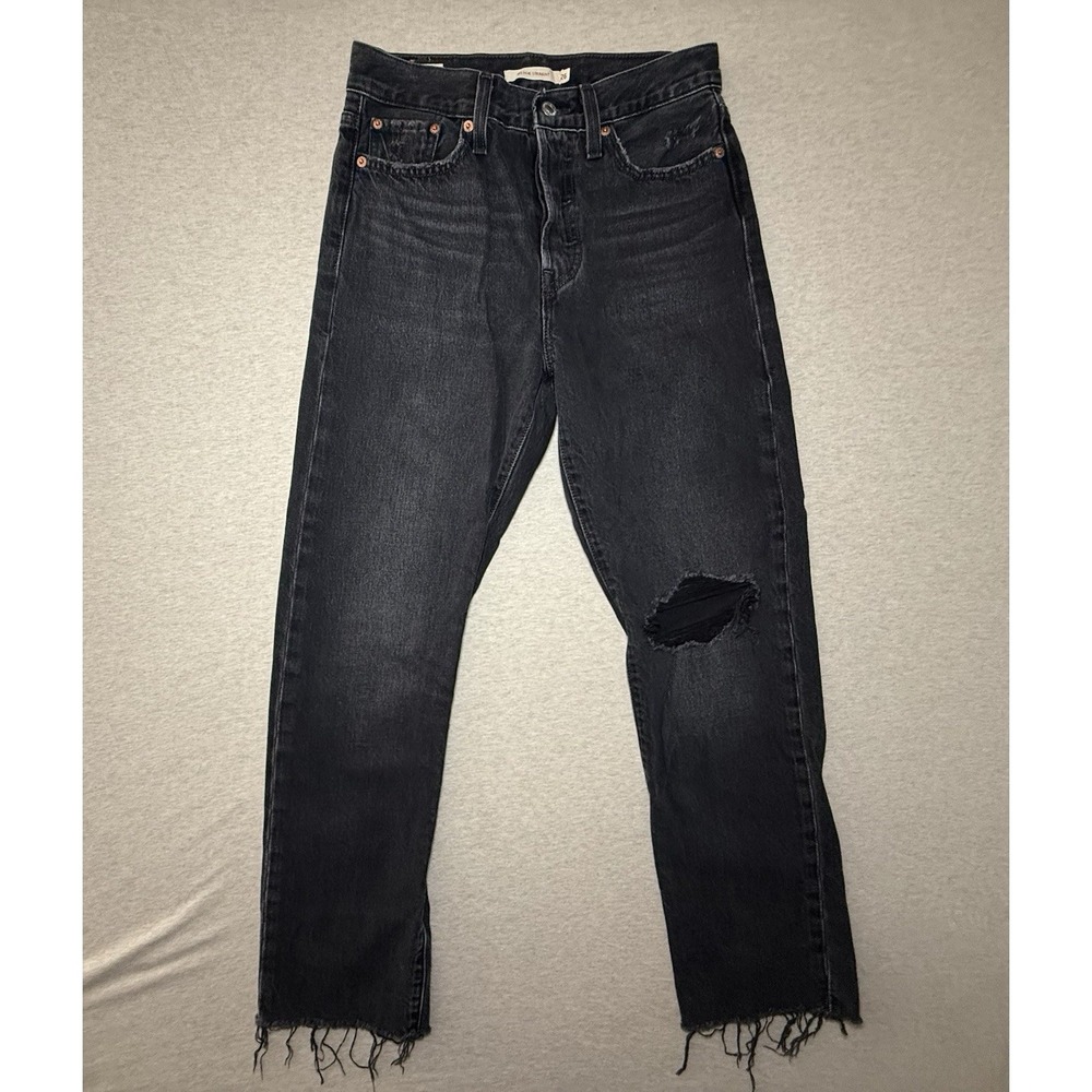 Levi's Woman's Wedgie Straight Black Button Fly Jeans Size 26 Distressed BIG E